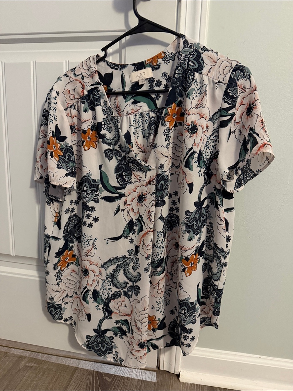 LOFT Floral V-Neck Short Sleeve Blouse in Cream with Orange and Green Accents